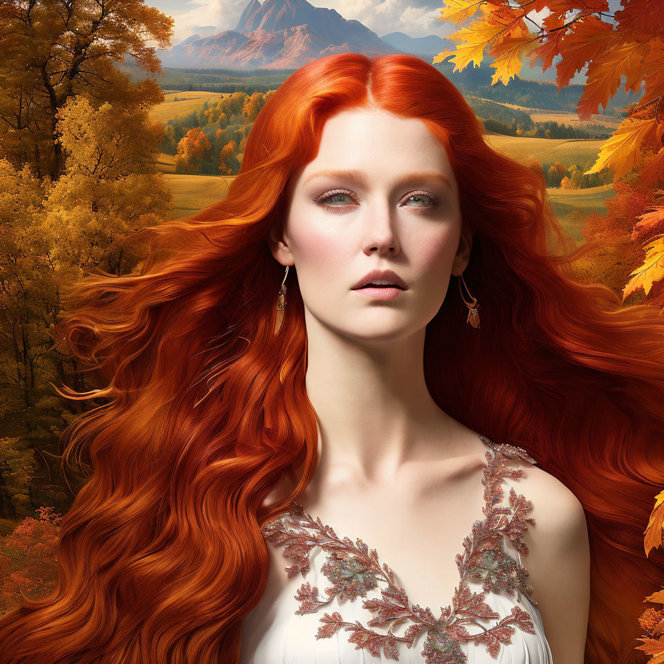 Red-haired woman in white dress against autumnal background with volcano