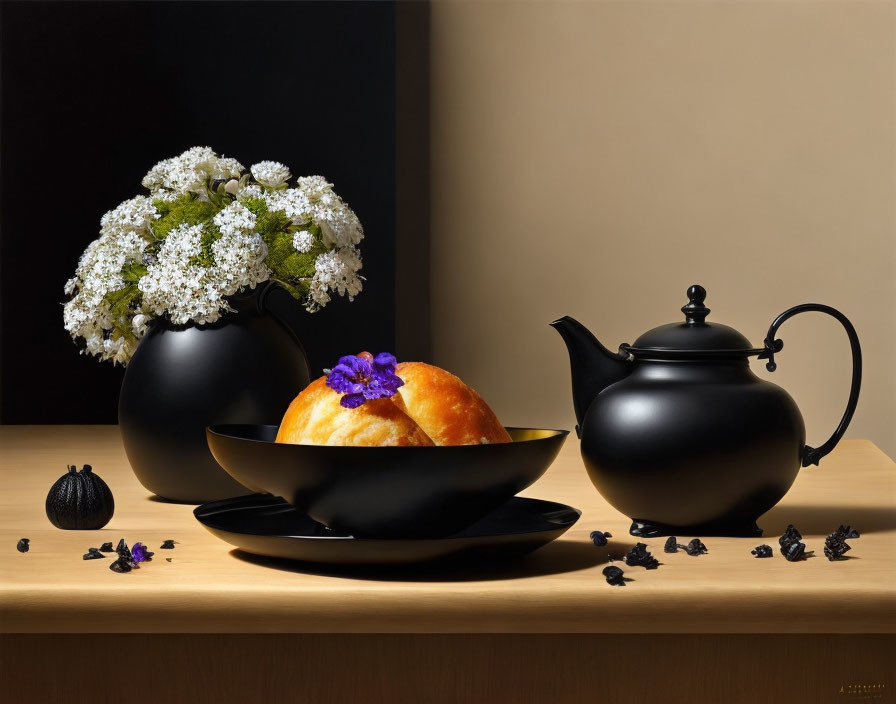 Black teapot, cup, bowl, bun, white flowers, purple petals in still life composition