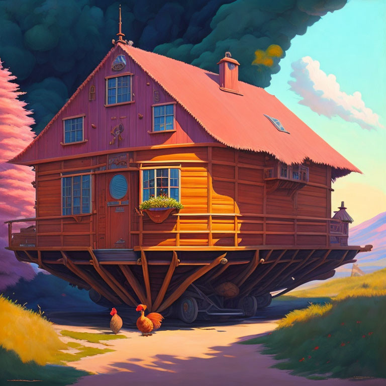 Illustration of a mobile two-story wooden house with chickens under a pastel sky