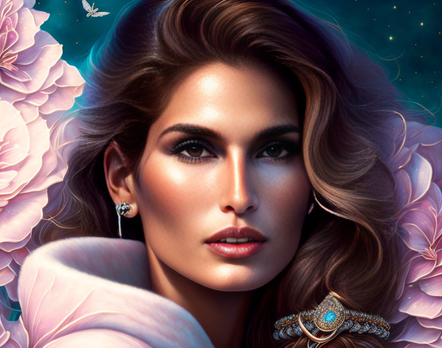 Digital Artwork: Woman with Striking Features Surrounded by Pink Flowers and White Butterfly