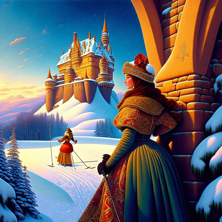 Historical woman admires castle in snowy landscape with skier