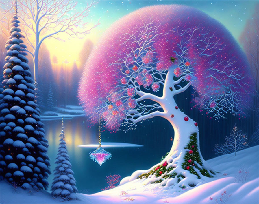 Glowing winter tree with red baubles in tranquil snowy scene