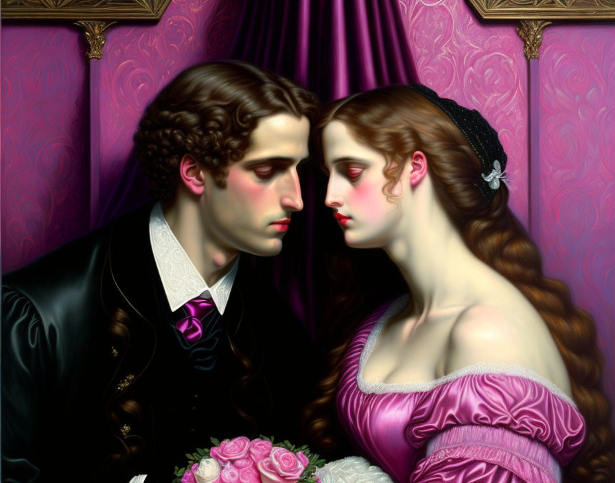 Victorian-style painting of man and woman in elegant attire, somber expressions, rich purples