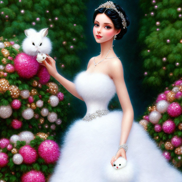 Illustrated woman in white gown holding rabbit among pink and gold trees