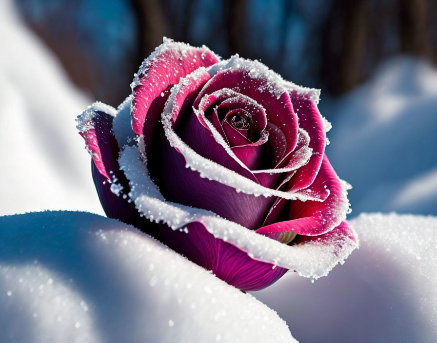 Purple Rose with Snowflakes on Snowy Background