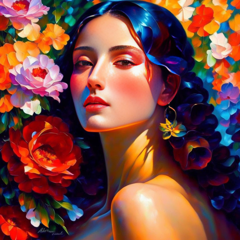 Colorful portrait of woman with blue hair, radiant skin, red lips, surrounded by flowers & butterfly