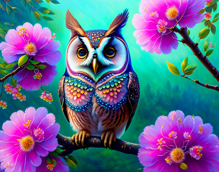 Colorful Owl Perched on Branch with Pink Blossoms in Vibrant Illustration