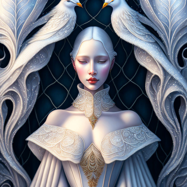 Detailed illustration of ethereal woman with white hair and white peacocks on dark background