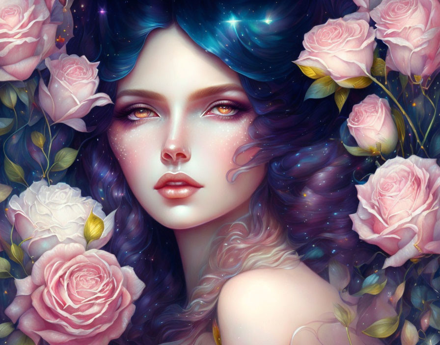 Digital Artwork: Woman with Dark Hair, Stars, and Pink Roses