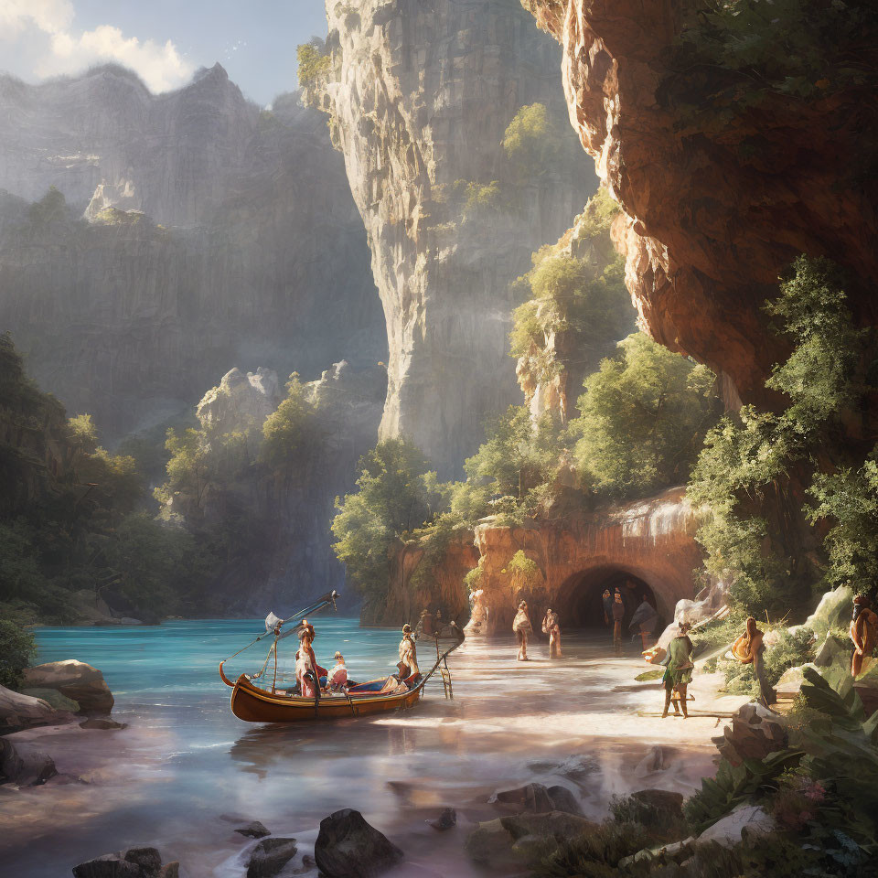 Tranquil river scene with boat, cliffs, and lush vegetation