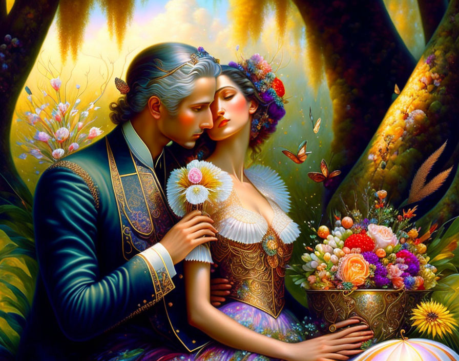 Romantic couple embracing in a floral fantasy setting