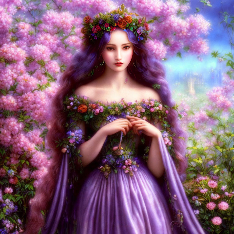 Digital artwork: Woman with long purple hair, floral crown, lilac dress, flowers, pinkish