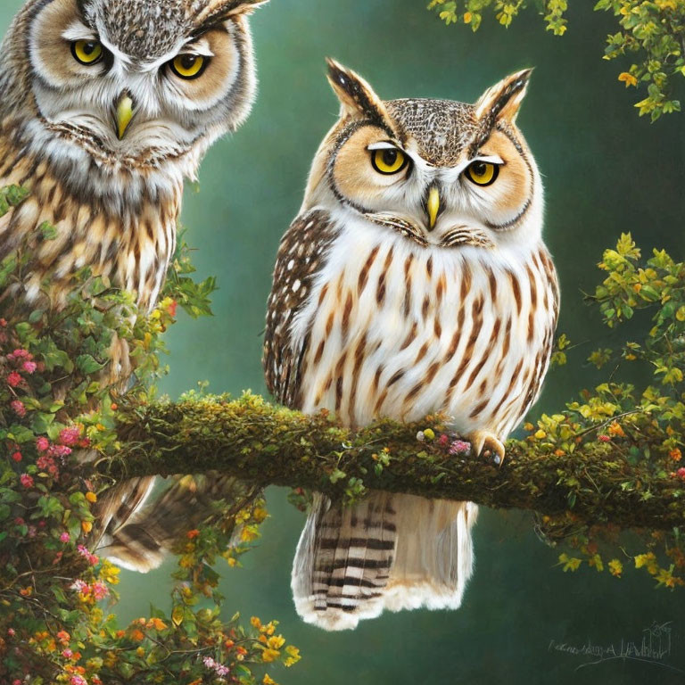 Realistic owls on mossy branch with green foliage and pink flowers