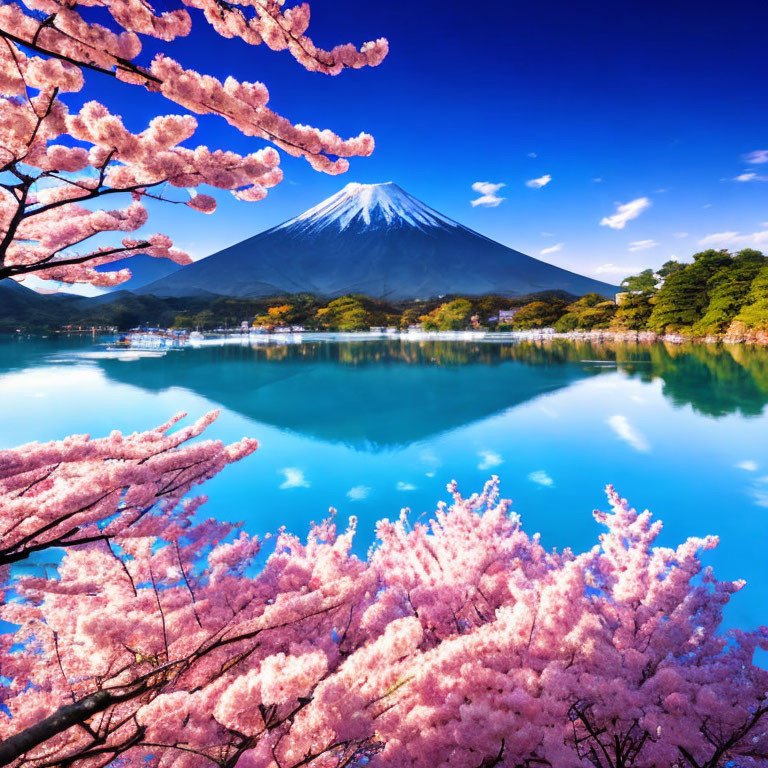 Iconic Mount Fuji reflected in blue lake with cherry blossoms and blue sky