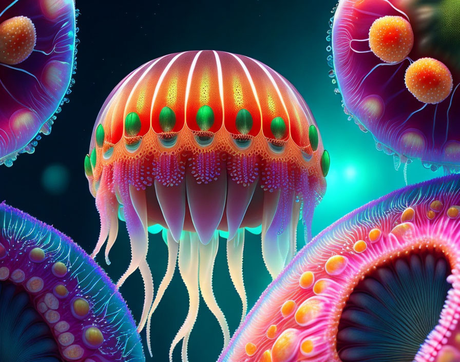 Colorful digital jellyfish with intricate patterns on luminous backdrop