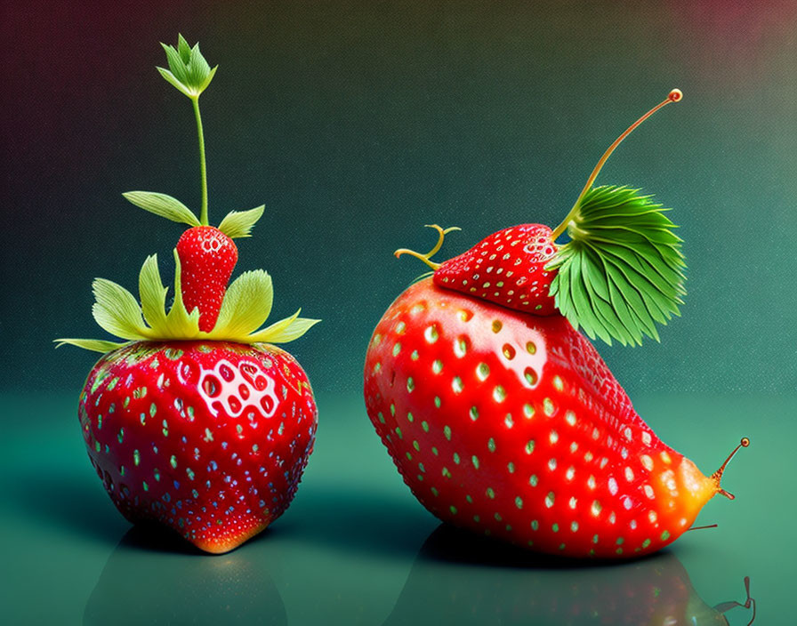 Stylized strawberries with plant shoots and snail features on gradient background