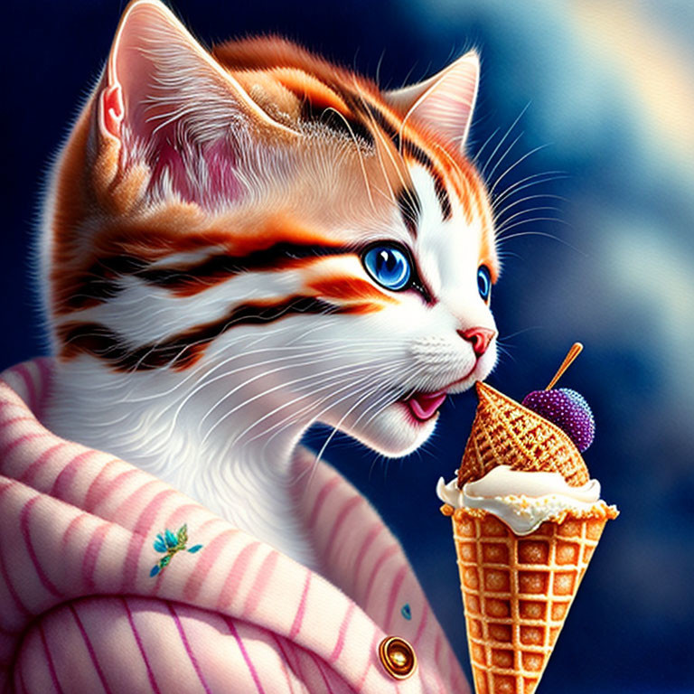 Colorful Cat in Pink Jacket Licking Ice Cream on Blue Background