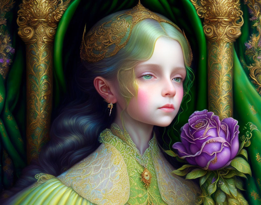 Digital artwork of young girl with green hair in regal attire holding purple rose on ornate background