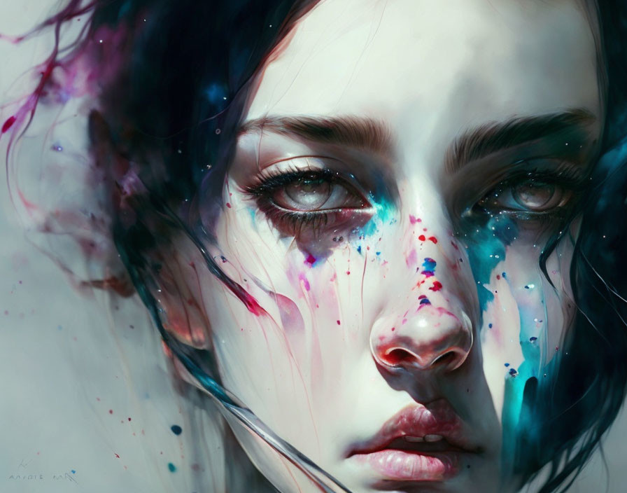 Colorful paint streaks portrait: Detailed eyes, contemplative expression