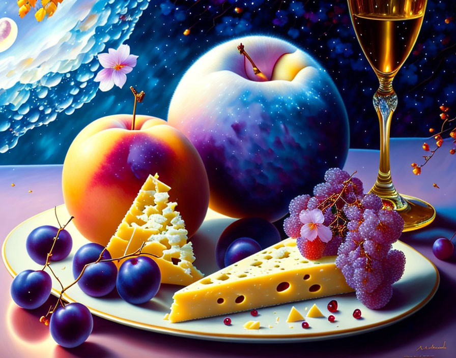 Colorful still life painting with fruit, cheese, and wine glass against cosmic background