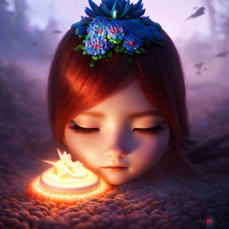 Animated girl with blue floral crown and glowing butterfly in twilight setting