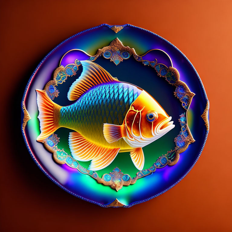 Colorful Goldfish Digital Artwork on Decorative Plate with Blue and Gold Patterns