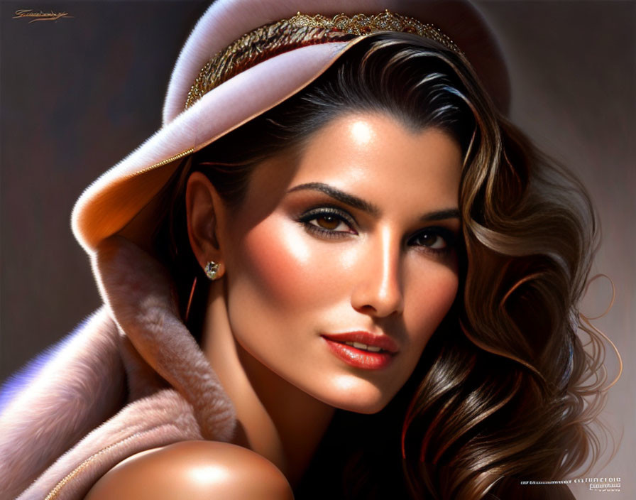 Detailed Digital Portrait of Woman with Dark Hair and Stylish Hat