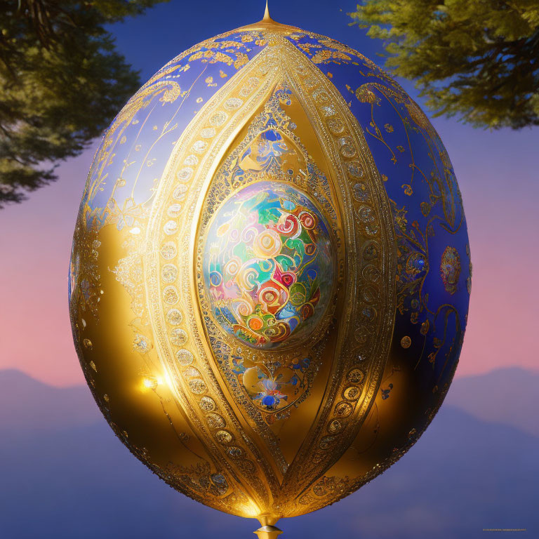 Intricate Golden Egg with Colorful Design in Twilight Sky