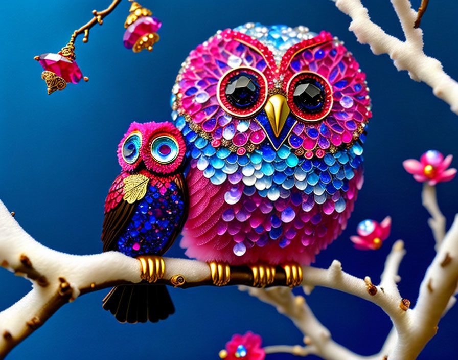 Colorful Owl Figurine with Sequin Details on White Branch, Blue Background