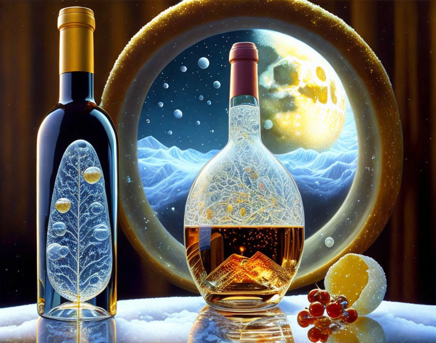 Wine Bottles, Glass, Grapes, Cheese, Celestial Background, Winter Landscape