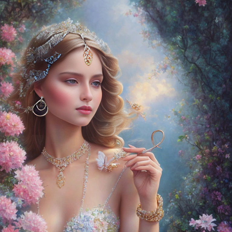 Elegant woman with jewelry and tiara holding key in floral setting