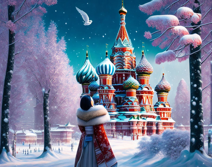 Person in Winter Coat Observing Saint Basil's Cathedral in Snowy Landscape