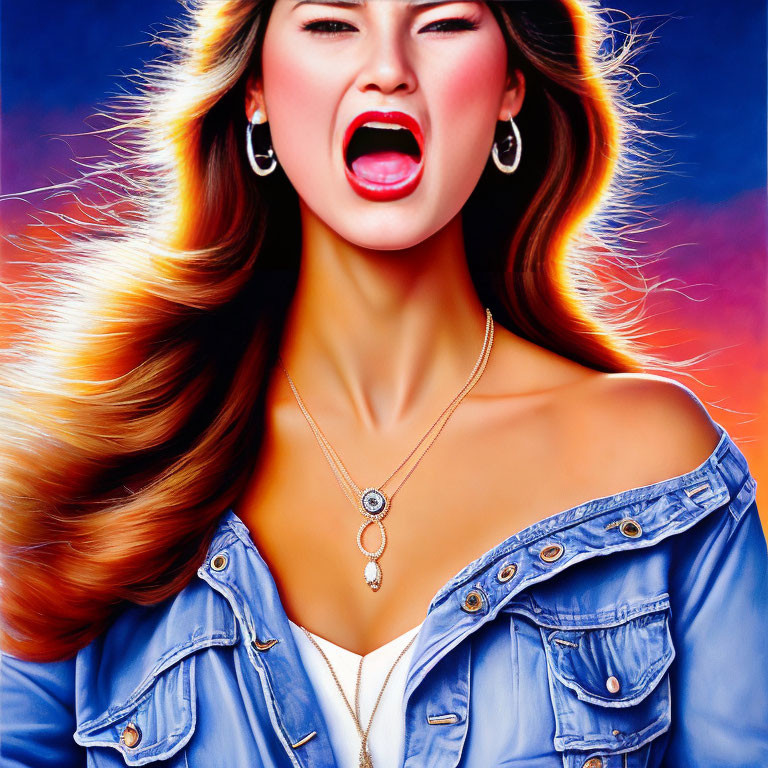 Vibrant illustration of woman singing with flowing hair and denim jacket