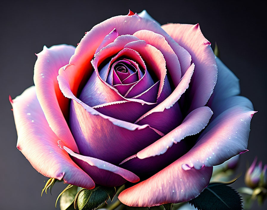 Vibrant rose with purple and pink hues, delicate petals, soft highlights, dark background