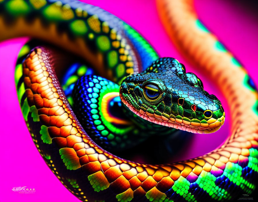 Colorful Snake with Iridescent Scales on Pink Background