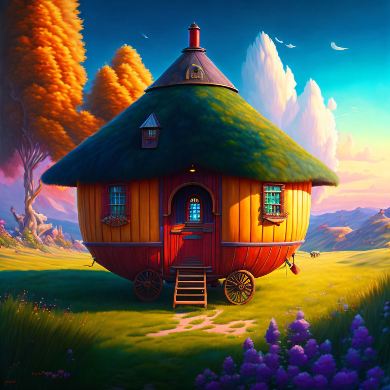 Illustration of Round Thatched-Roof Cottage in Fantastical Landscape