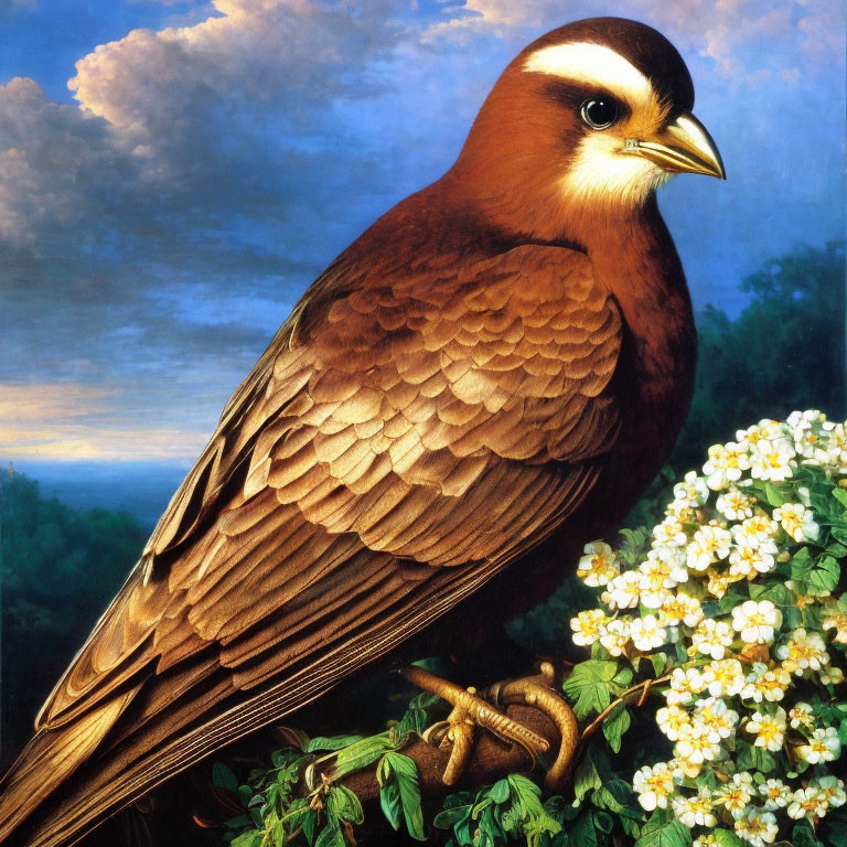 Hyperrealistic Painting of Brown Bird with Black Mask on Branch in Twilight Sky