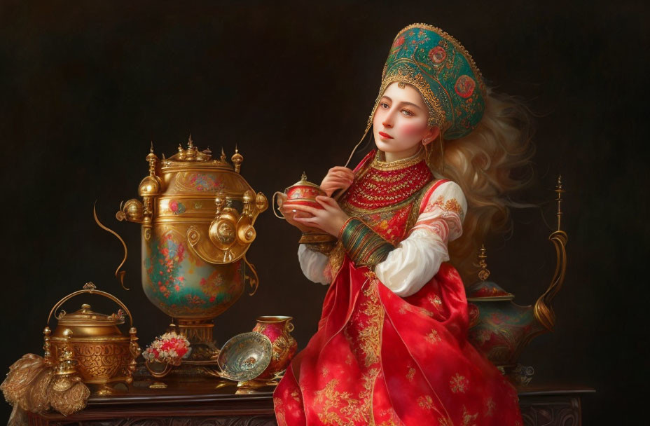 Traditional Russian woman in kokoshnik with samovar and cup at table