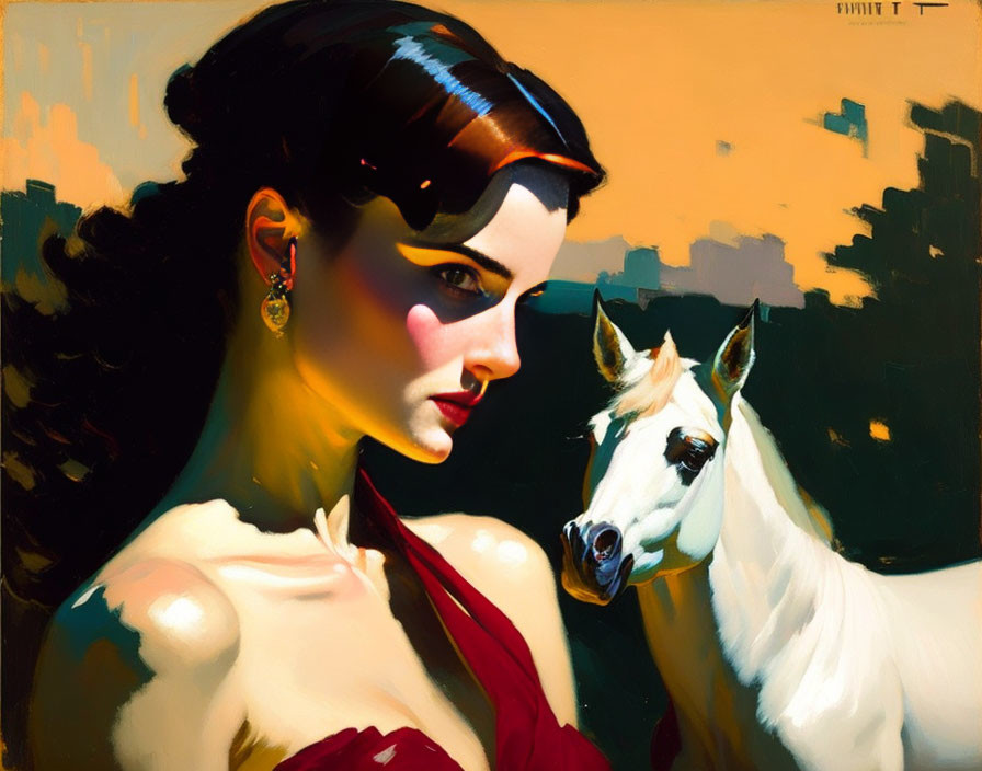 Stylized portrait of a woman with dark hair and red dress next to a white horse in golden