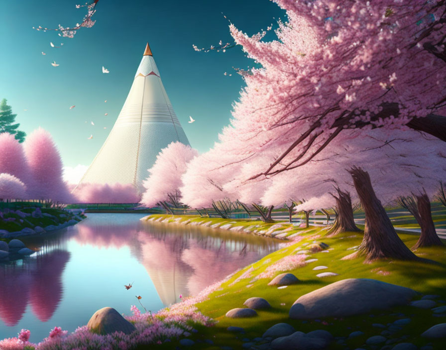 Futuristic white tower by serene river with pink cherry trees under clear sky