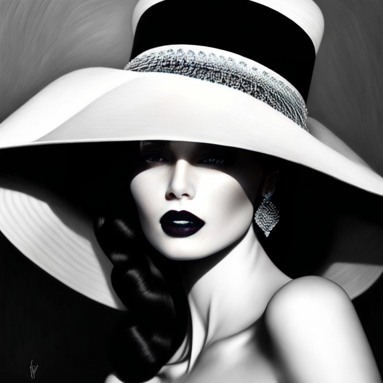 Monochromatic portrait of a woman with dramatic makeup and oversized hat.