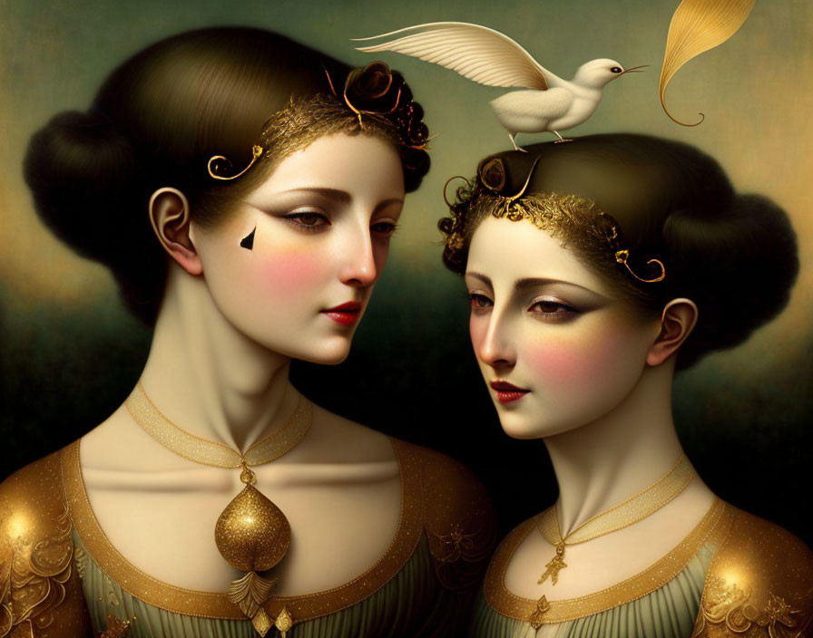 Stylized women with golden headpieces and intricate hairstyles, accompanied by a white bird.