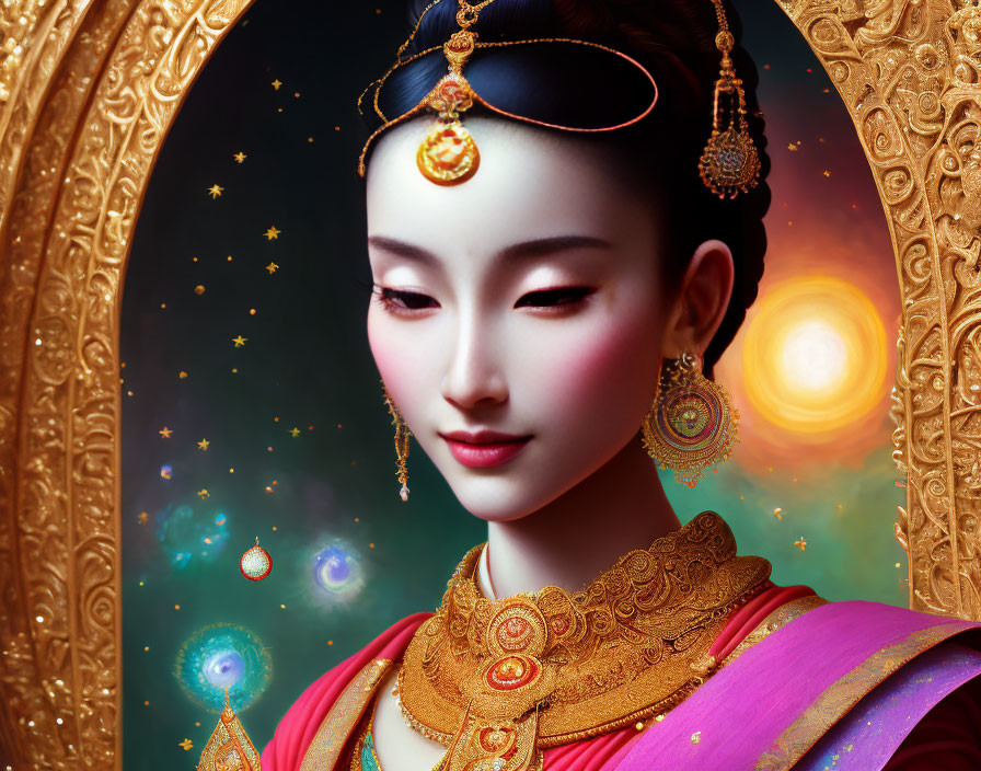 Traditional Attire Woman Illustration with Cosmic Background