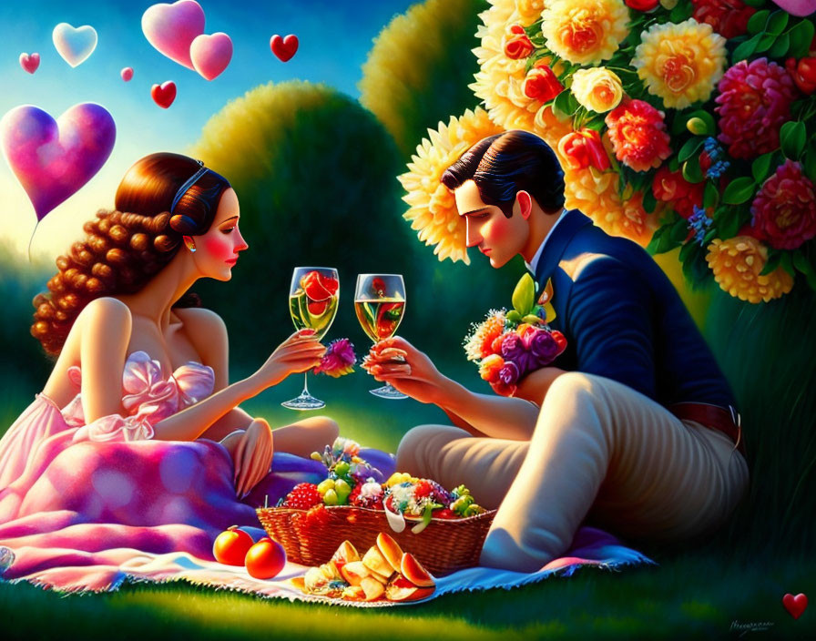 Elegant Couple Toasting Wine on Picnic Blanket with Flowers