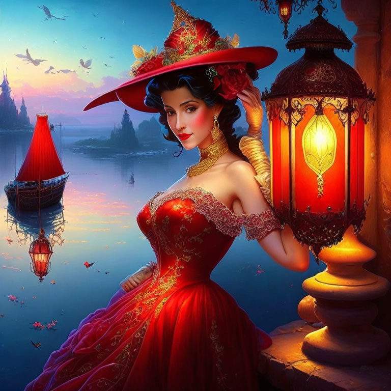 Victorian woman with lantern by lake at sunset