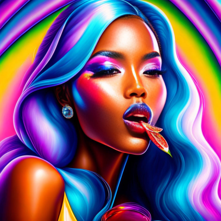 Colorful digital artwork of woman with multicolored hair and makeup, showcasing glossy lip with chili pepper