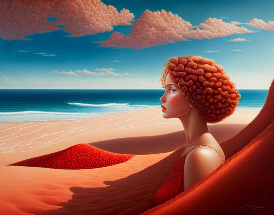 Surrealistic painting: woman's profile merges with desert landscape