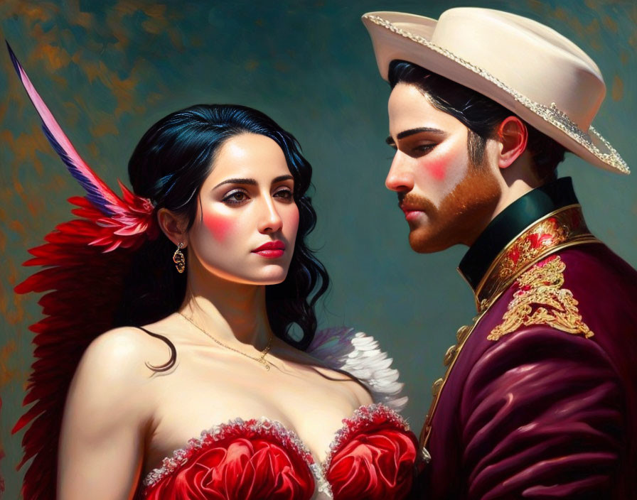 Colorful portrait of woman with feathered headpiece and man in traditional hat and maroon jacket