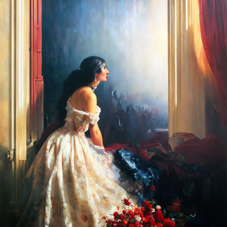 Woman in elegant ballgown gazes out window at bustling street with sunlight.