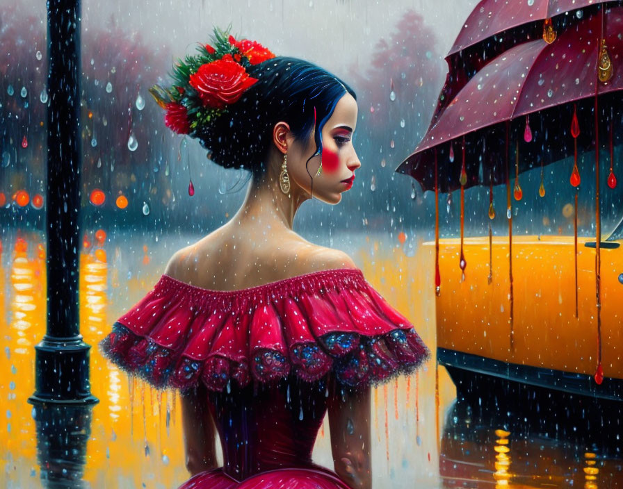 Woman in red floral headpiece and clown makeup under yellow rain with umbrella.